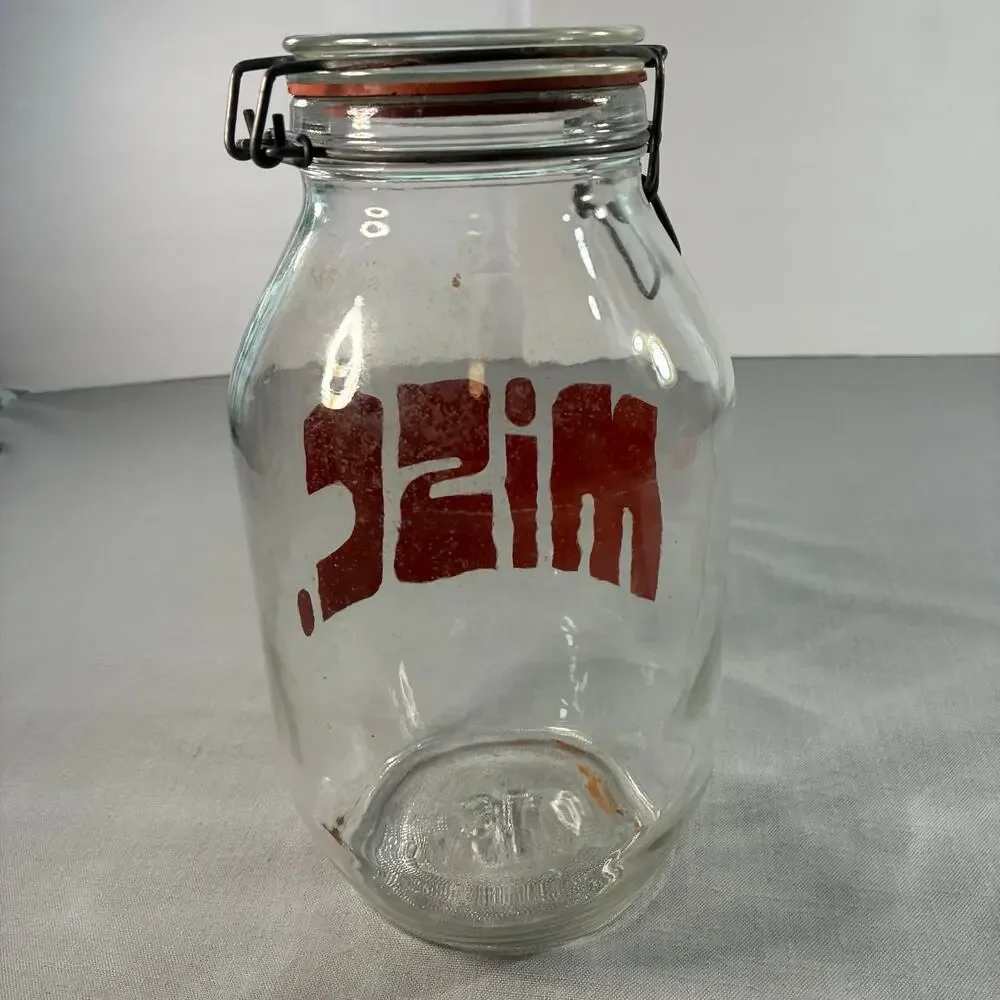 Vintage 3L Glass Storage Jar Clamp Lid Red Retro Graphic Kitchen Canister 11 In